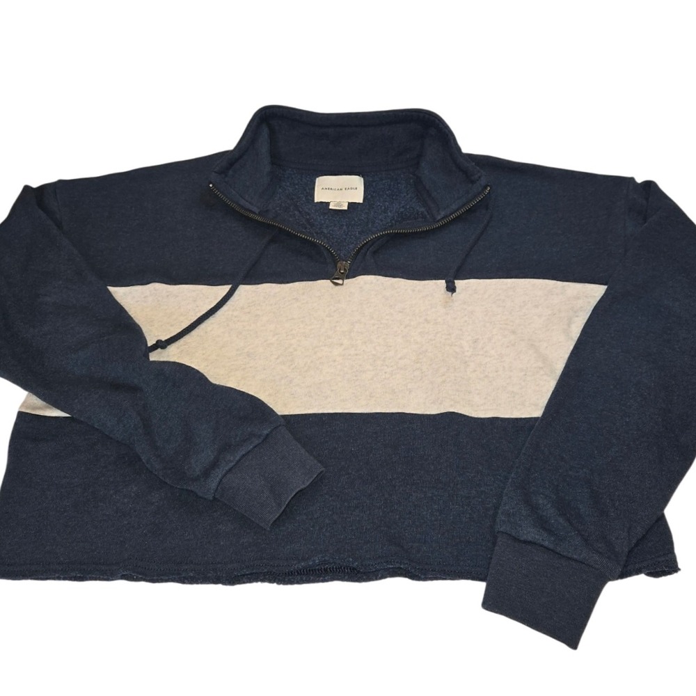 American Eagle Outfitters Cropped Quarter Zip Sweatshirt Size XXS‎ Blue Cream